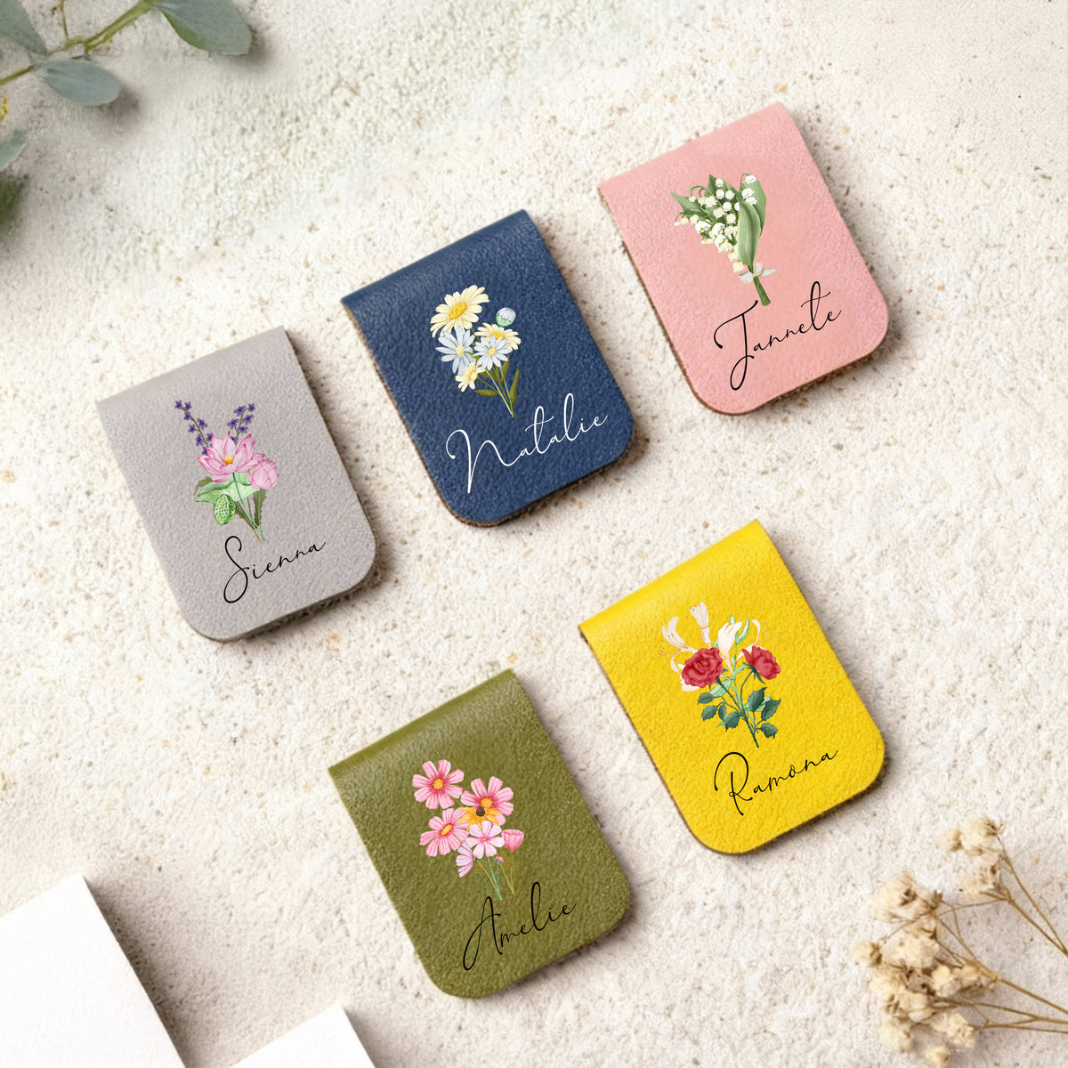 Personalized Magnetic Bookmarks, Birth Flower Leather Bookmark