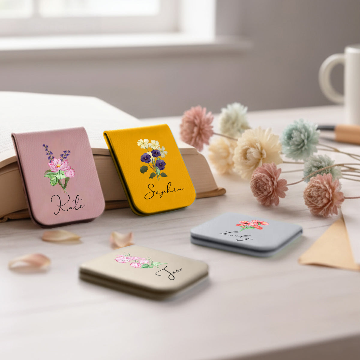 Personalized Magnetic Bookmarks, Birth Flower Leather Bookmark
