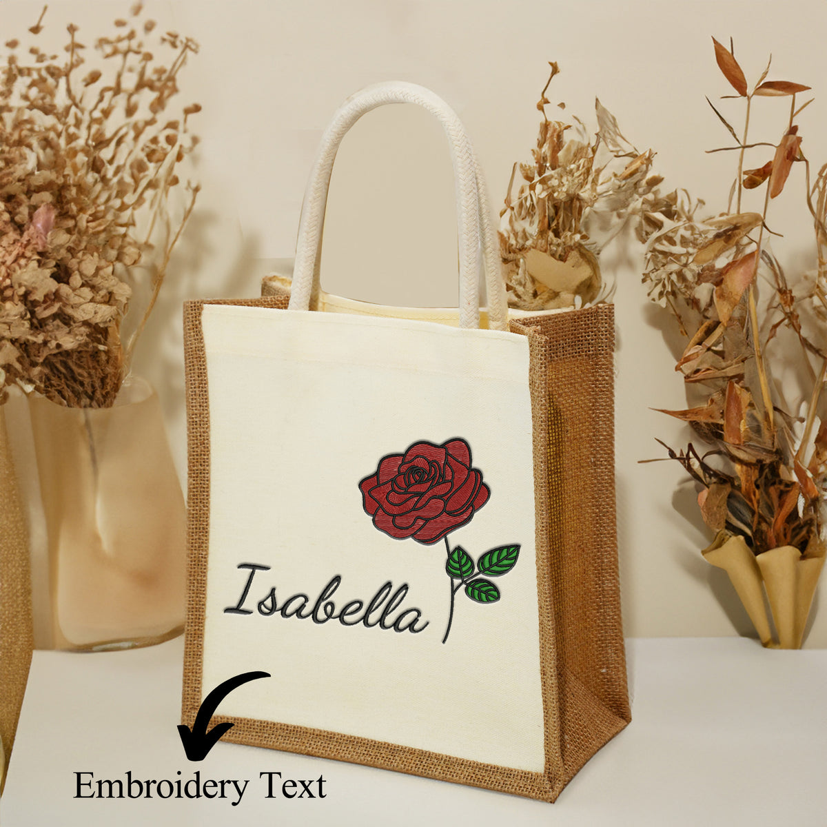 Personalized Embroidery Birth Flower Tote Bag