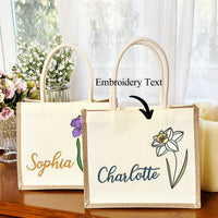 Personalized Embroidery Birth Flower Tote Bag