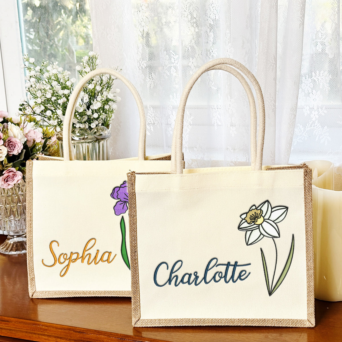 Personalized Embroidery Birth Flower Tote Bag