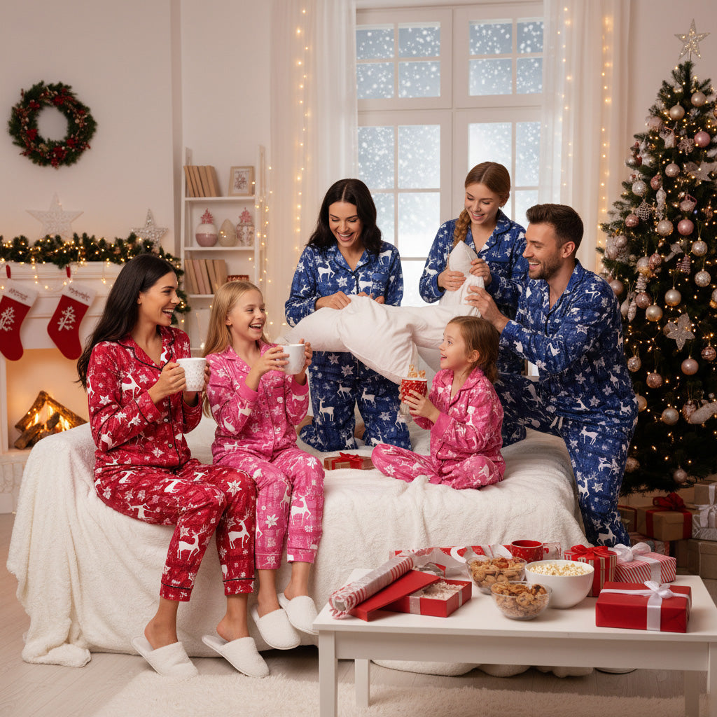 Family in matching pajamas celebrating Christmas in a decorated living room.