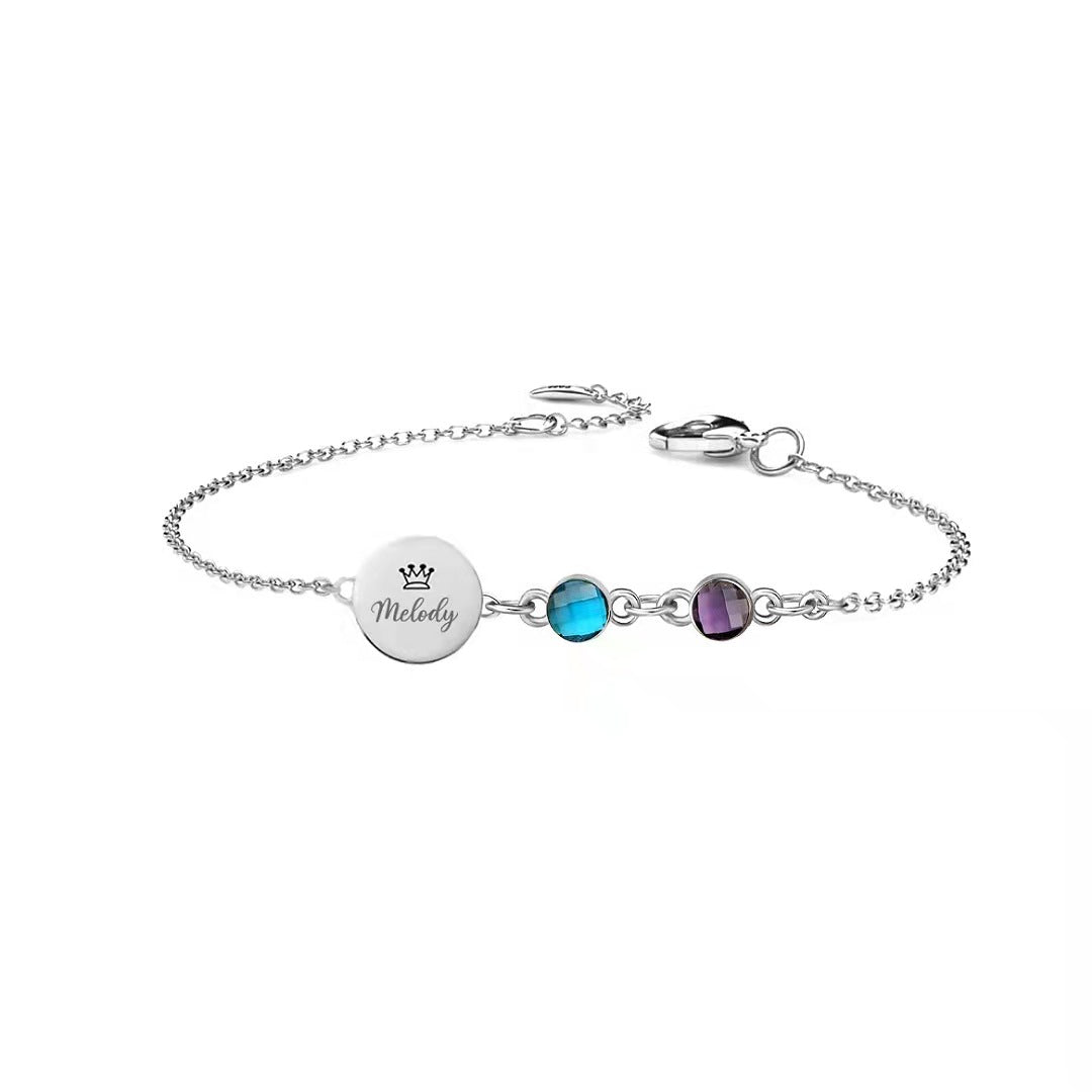 Personalized Dics Name Bracelet with 2 Birthstone Sterling Silver