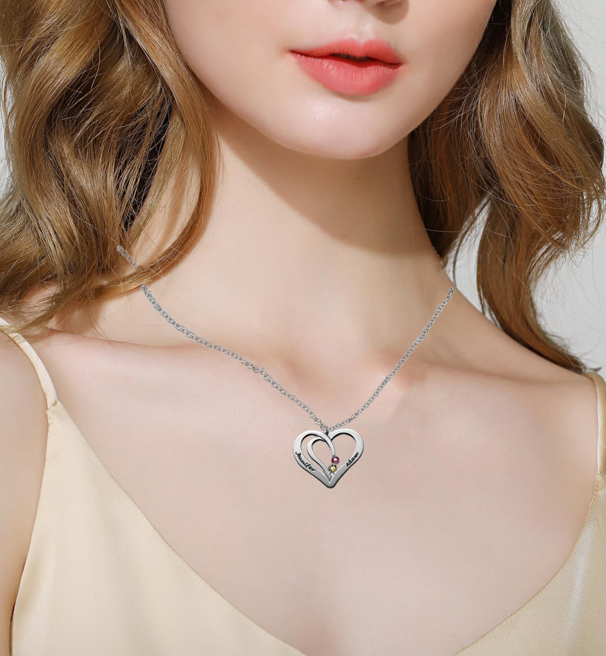 Overlapping Heart Necklace 1 With Birthstone Silver S925