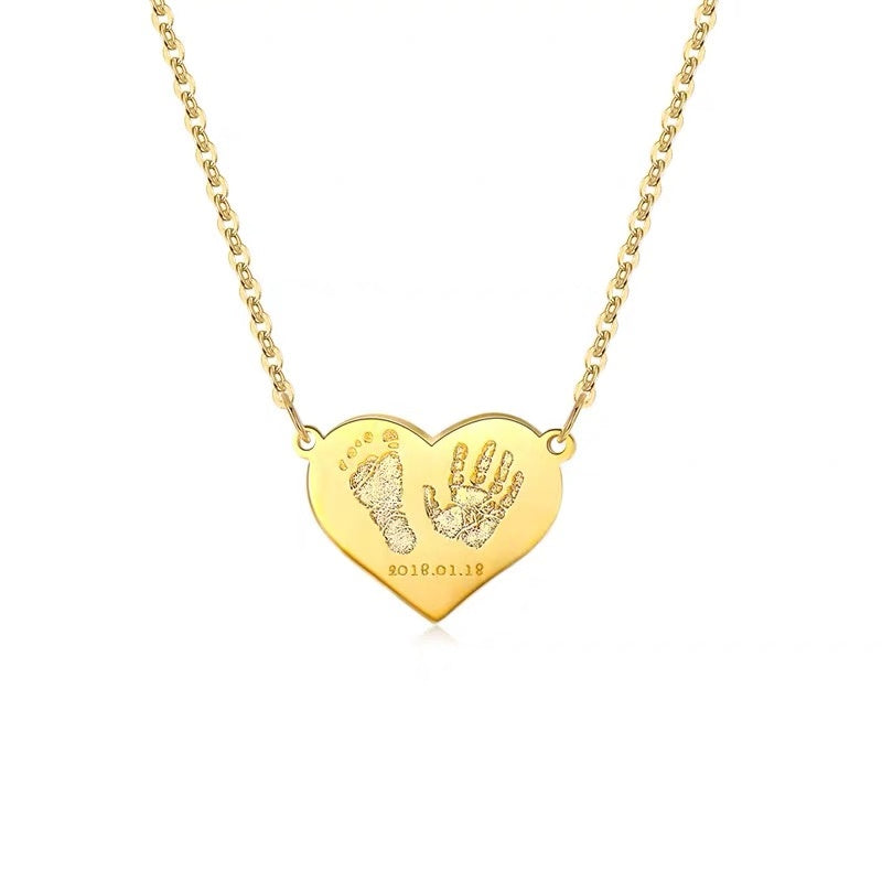 Love baby 3D Engrave footprint and handprint necklace 18k Gold Plated S925