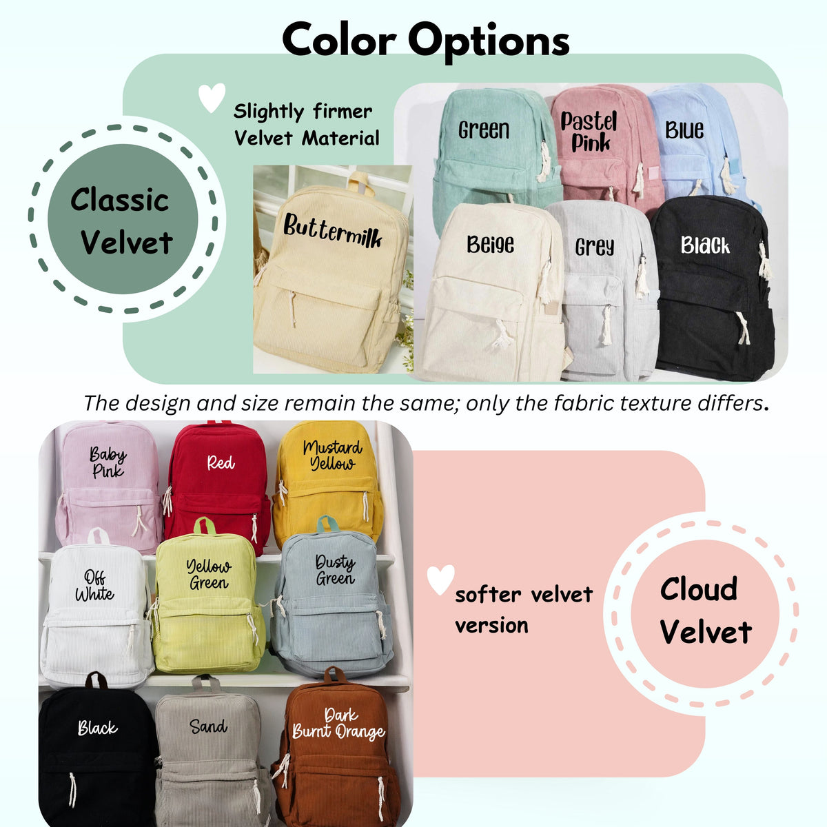 Collection of backpacks with color options labeled on a light green background.
