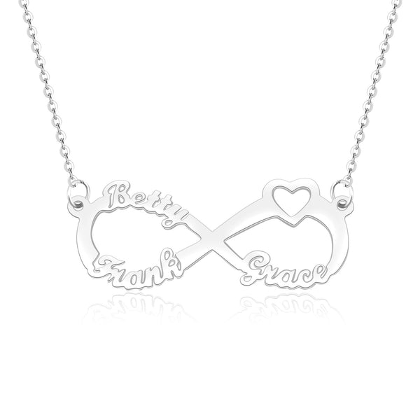 Heart Infinity Three Name Necklace Silver