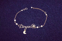 Moon and Flower Hand Made Name Bracelet with Pearl