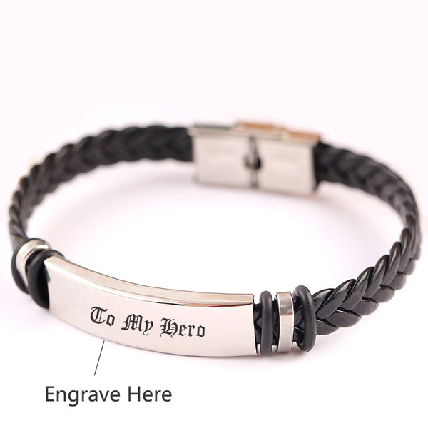 Engravable Men's Black Leather Bracelet