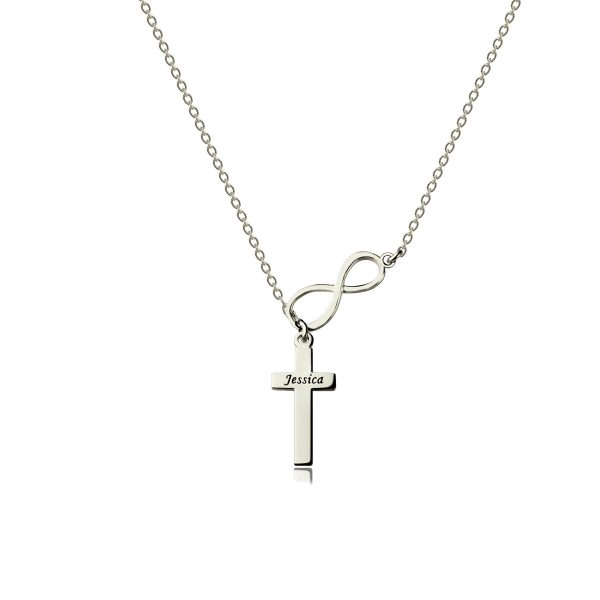 Infinity Cross Name Necklace Platinum Plated Silver