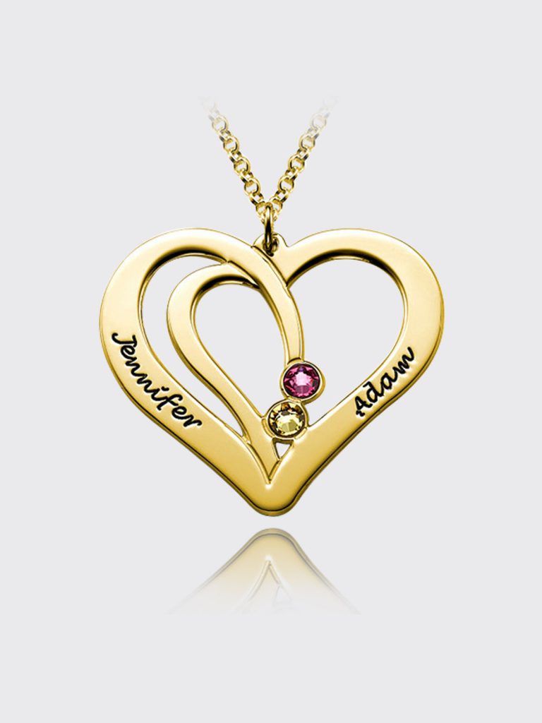overlapping heart name necklace with birthstone 18k gold silver