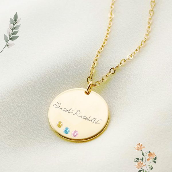 disc name necklace with birthstones 18k gold plated in silver
