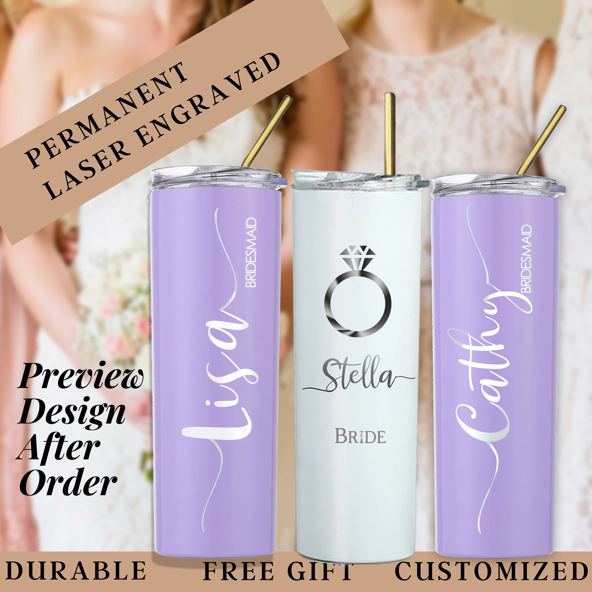 Personalized Glass Tumbler With Wood Lid, Bridesmaid Custom