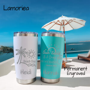 A 20oz stainless steel tumbler with a custom engraved design showcasing a vacation scene with palm trees and waves.